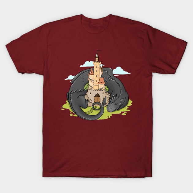 dragon laying near castle illustration T-Shirt by Mako Design 